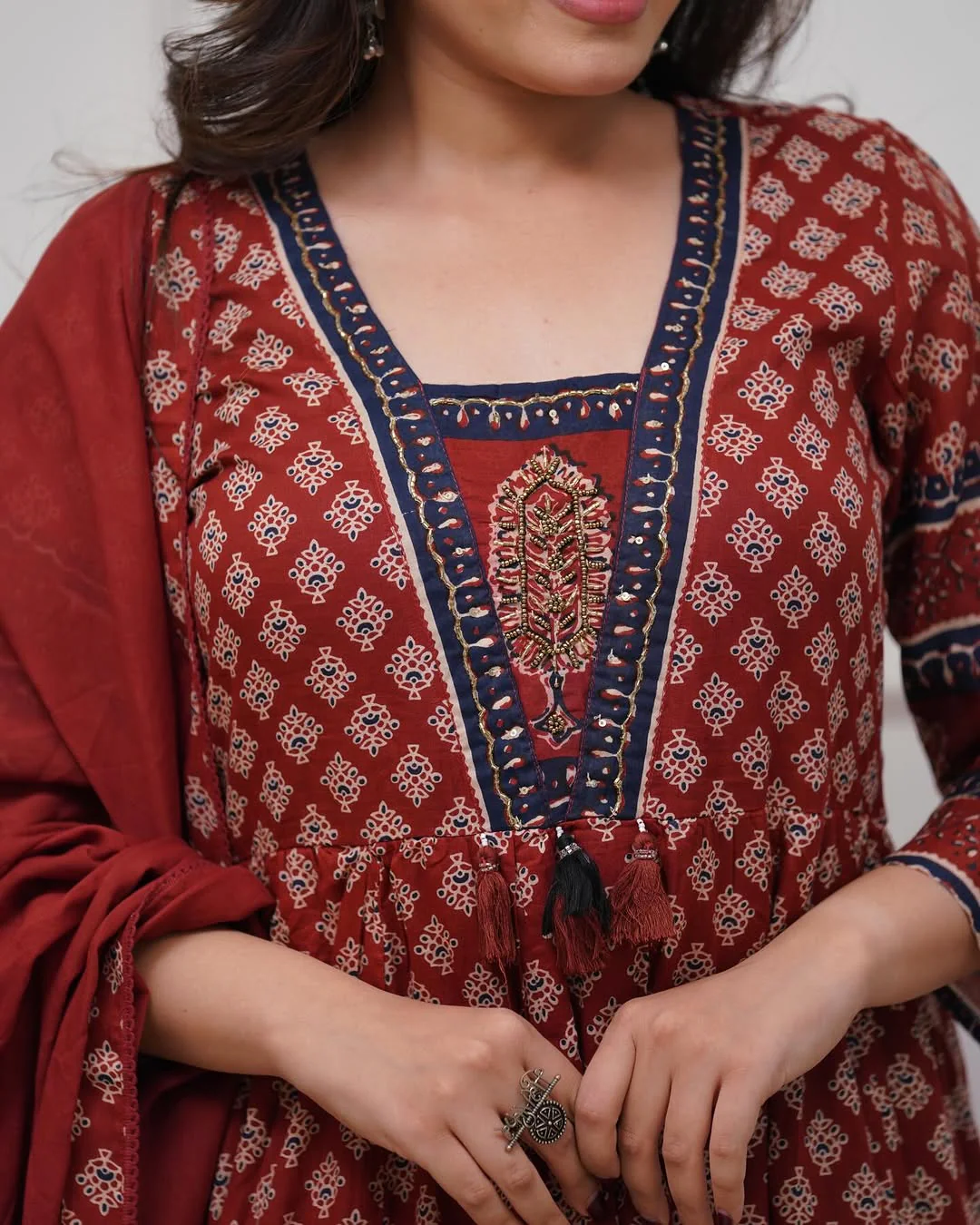 Maroon Cotton Anarkali Kurta Set | Block Print Flared Suit with Dupatta - Image 3