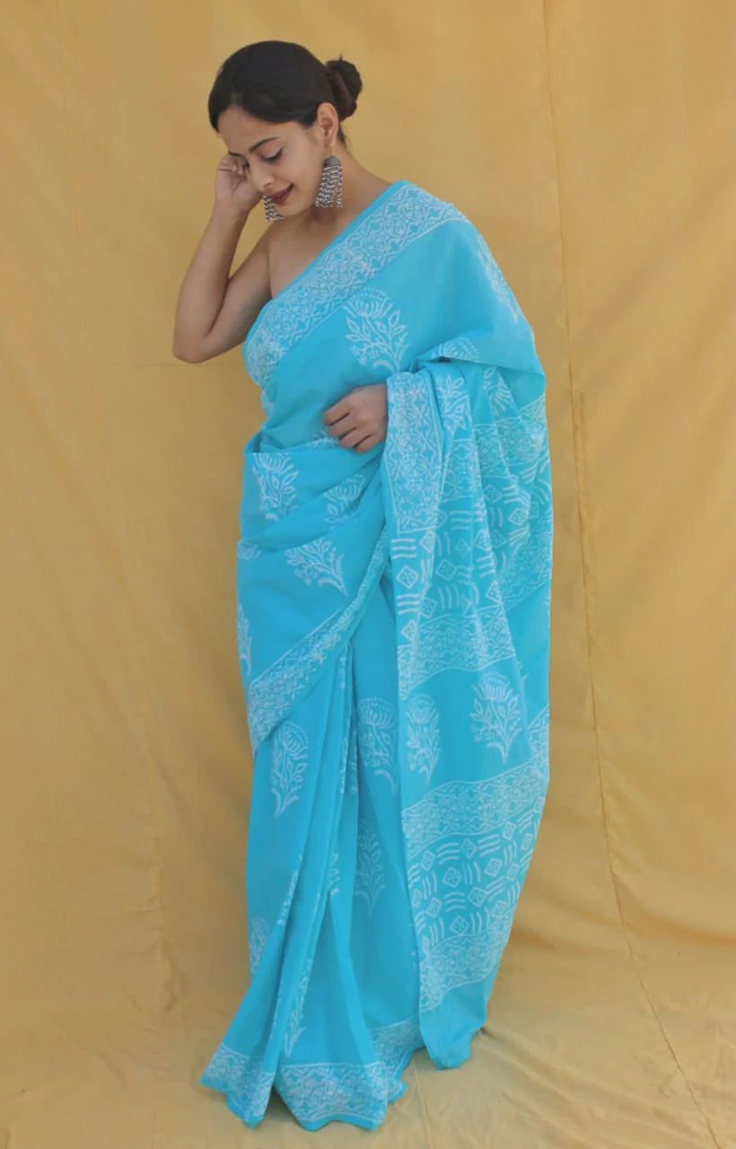 Sky Blue Hand Block Printed Cotton Saree with Blouse  (BFCS84)