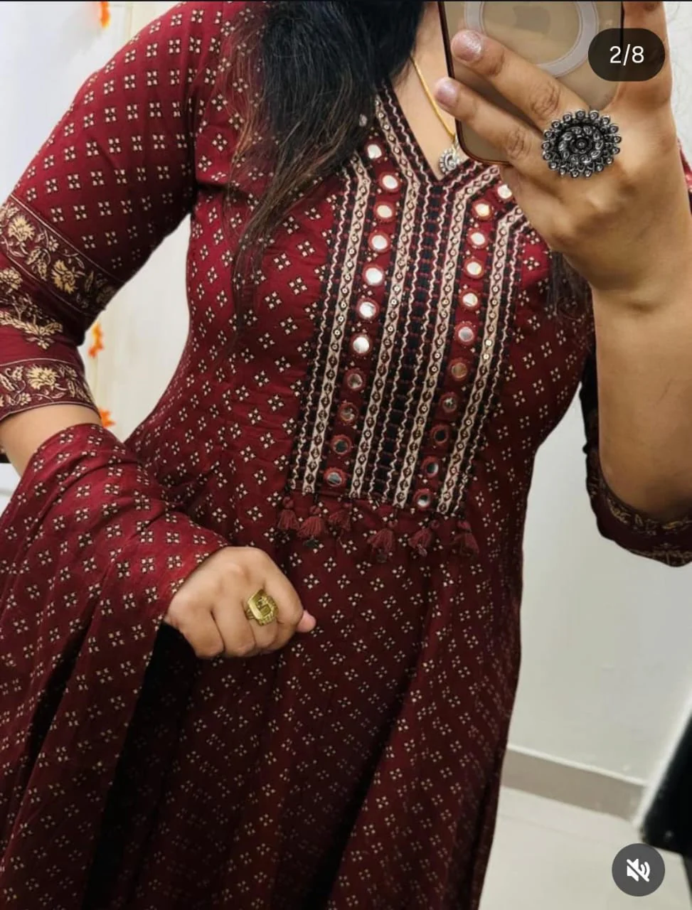 Maroon Heavy Cotton Anarkali Kurti Set | Hand Block Print | Mirror Neck Work - Image 2