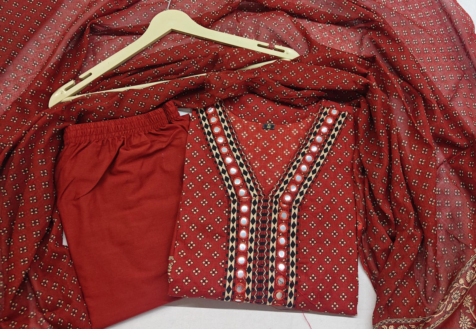 Maroon Heavy Cotton Anarkali Kurti Set | Hand Block Print | Mirror Neck Work - Image 3