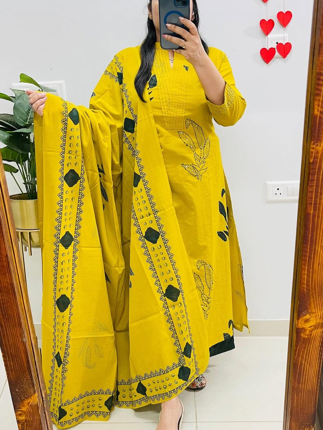 Yellow Cotton Kurti Pant Dupatta Set | - Image 2