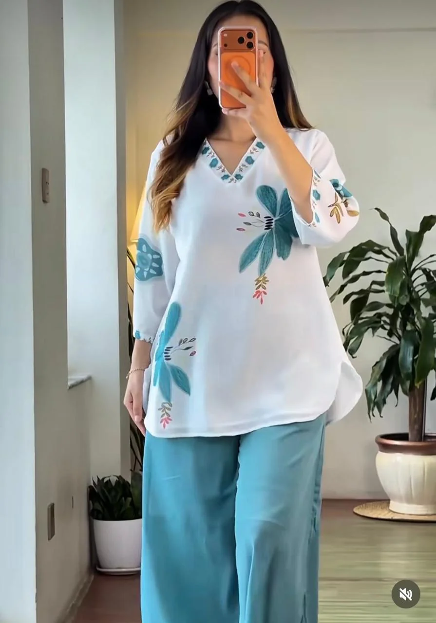 Teal Green Mul Cotton Floral Cord Set - Image 2