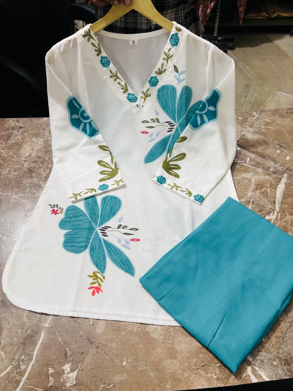 Teal Green Mul Cotton Floral Cord Set - Image 3