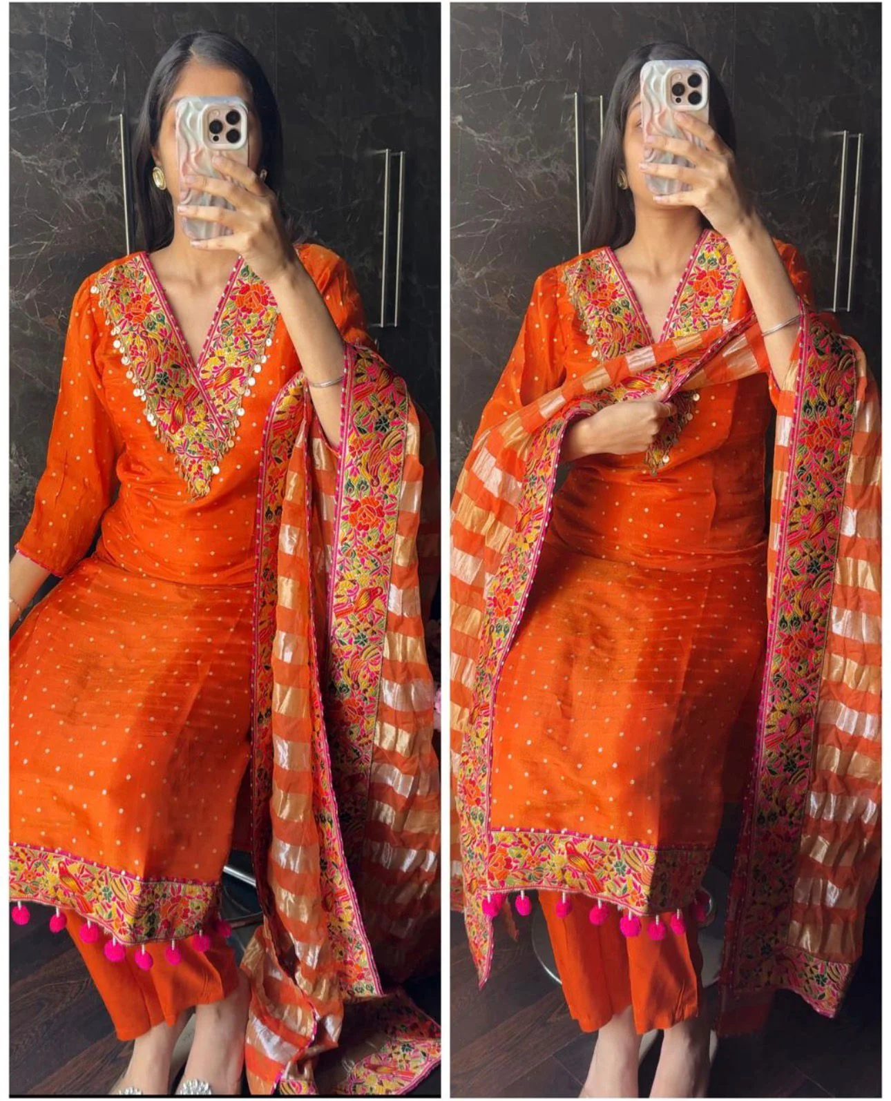 Orange Chanderi Jacquard Embroidered Kurta Set with Dupatta