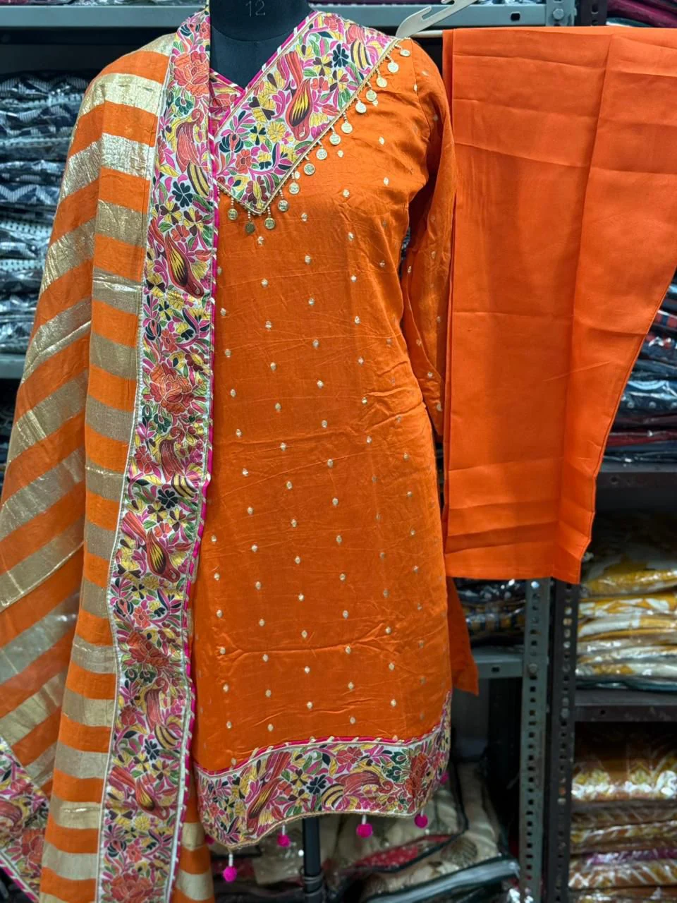Orange Chanderi Jacquard Embroidered Kurta Set with Dupatta - Image 2