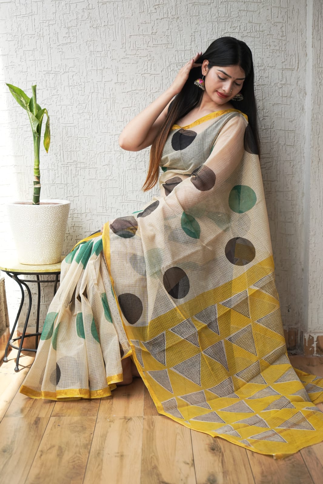 Cream Off-White Kota Doriya Saree | Polka Dot Hand Block Print (BFKS55)