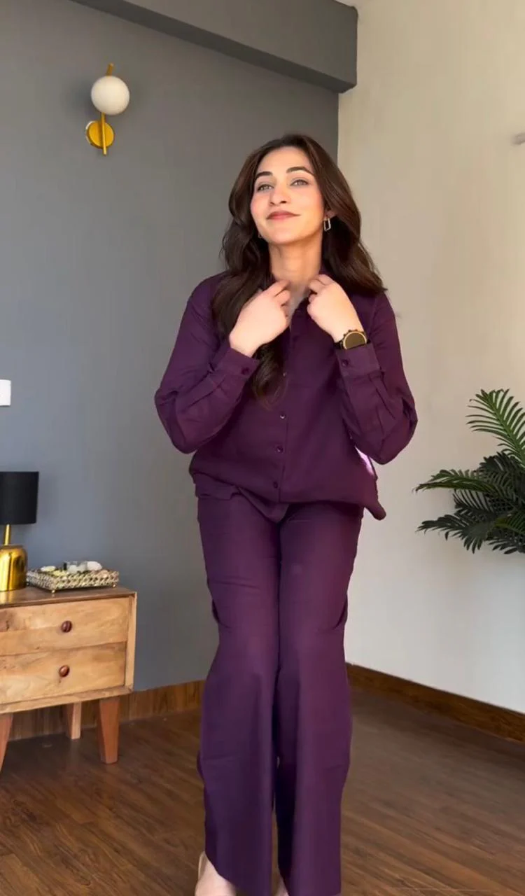 Deep Purple Pure Cotton Coord Set | Shirt & Wide Leg Pant | - Image 2