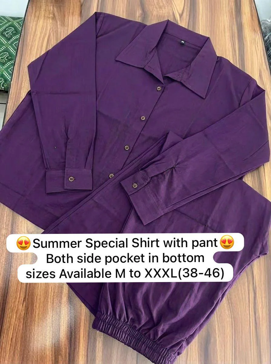 Deep Purple Pure Cotton Coord Set | Shirt & Wide Leg Pant | - Image 3