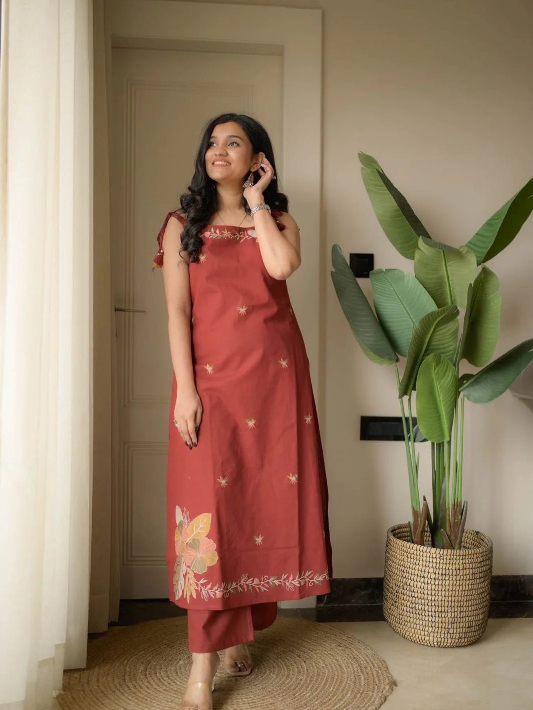 Rust Red Heavy Embroidery Sleeveless Cotton Flex Kurta Pant Set
