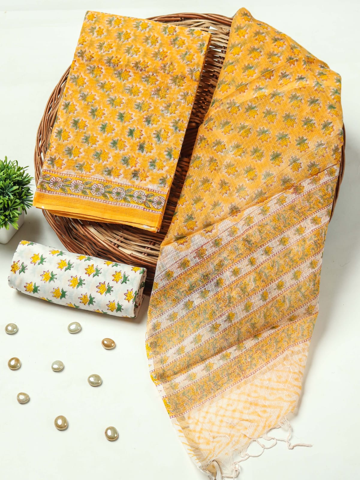 Mango Yellow Floral Hand Block Print Kota Doriya Suit  (BFFKO64)