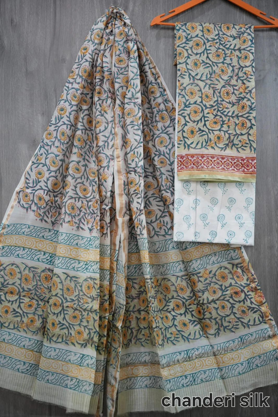 Cream & Mustard Genda Phool Jaal Hand Block Print Chanderi Silk Dress Material (BFCHS21)