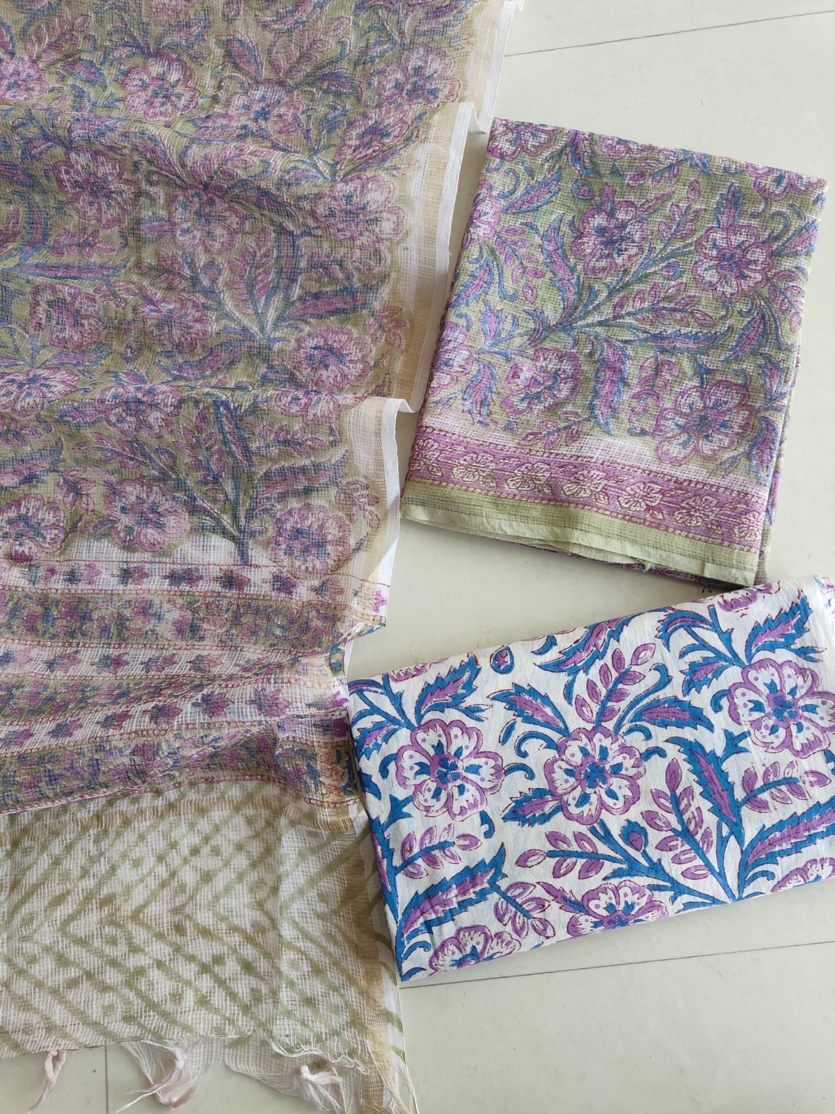 Sage Green Lavender Floral Hand Block Print Kota Doriya Suit (BFFKO78)