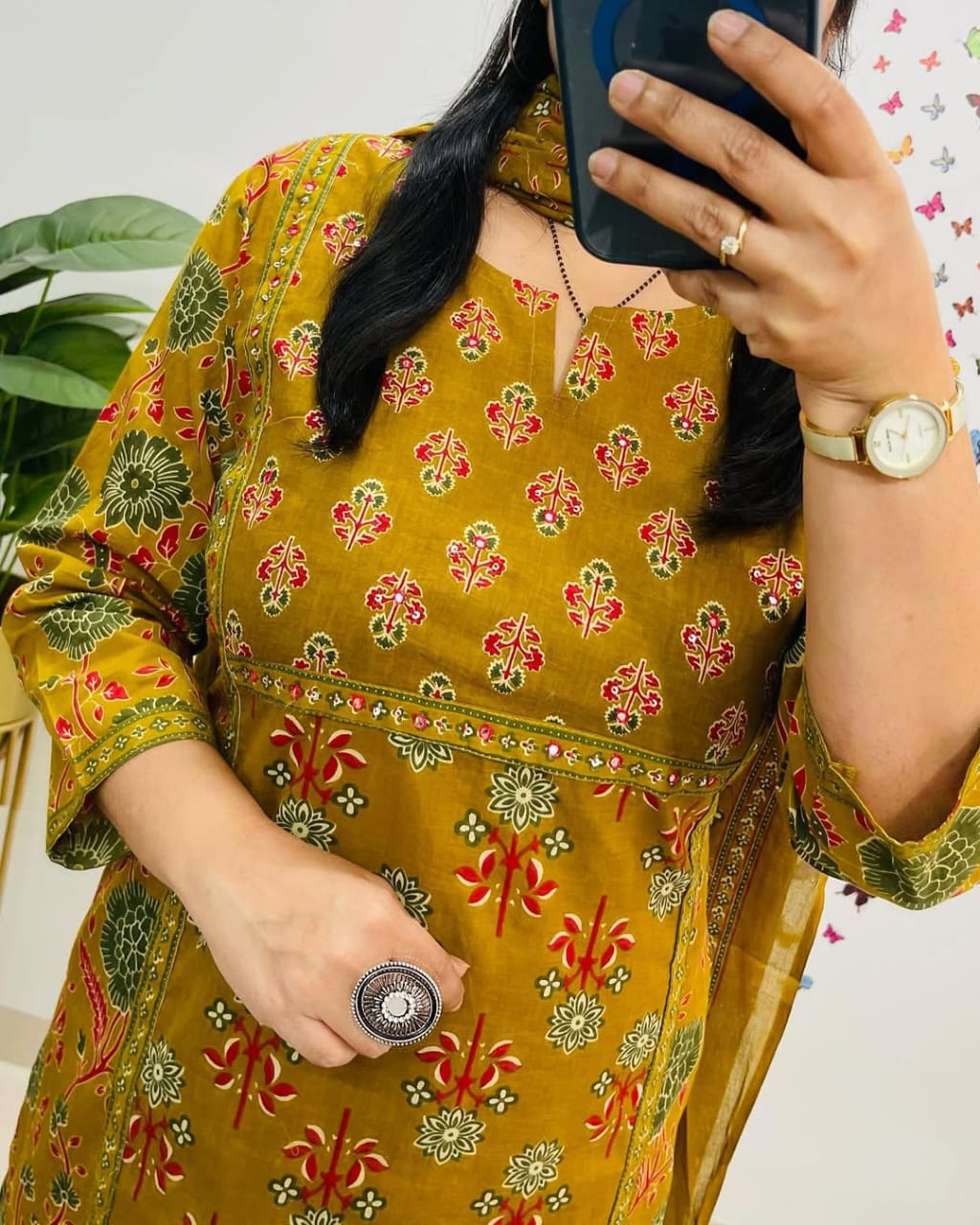Mustard Yellow Cotton Kurti Pant Dupatta Set - Image 2