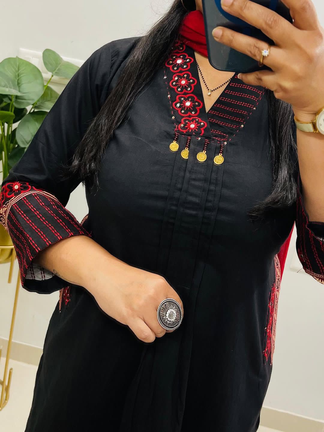 Black Red Kurta Pant Dupatta Set for Women - Image 2