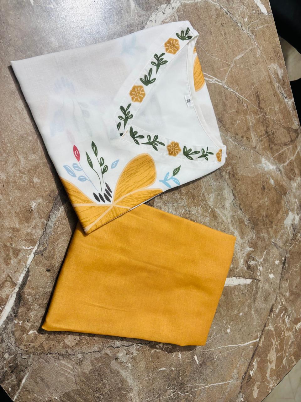 Mustard Yellow Floral Kurti Plazo Set | Mul Cotton - Image 2