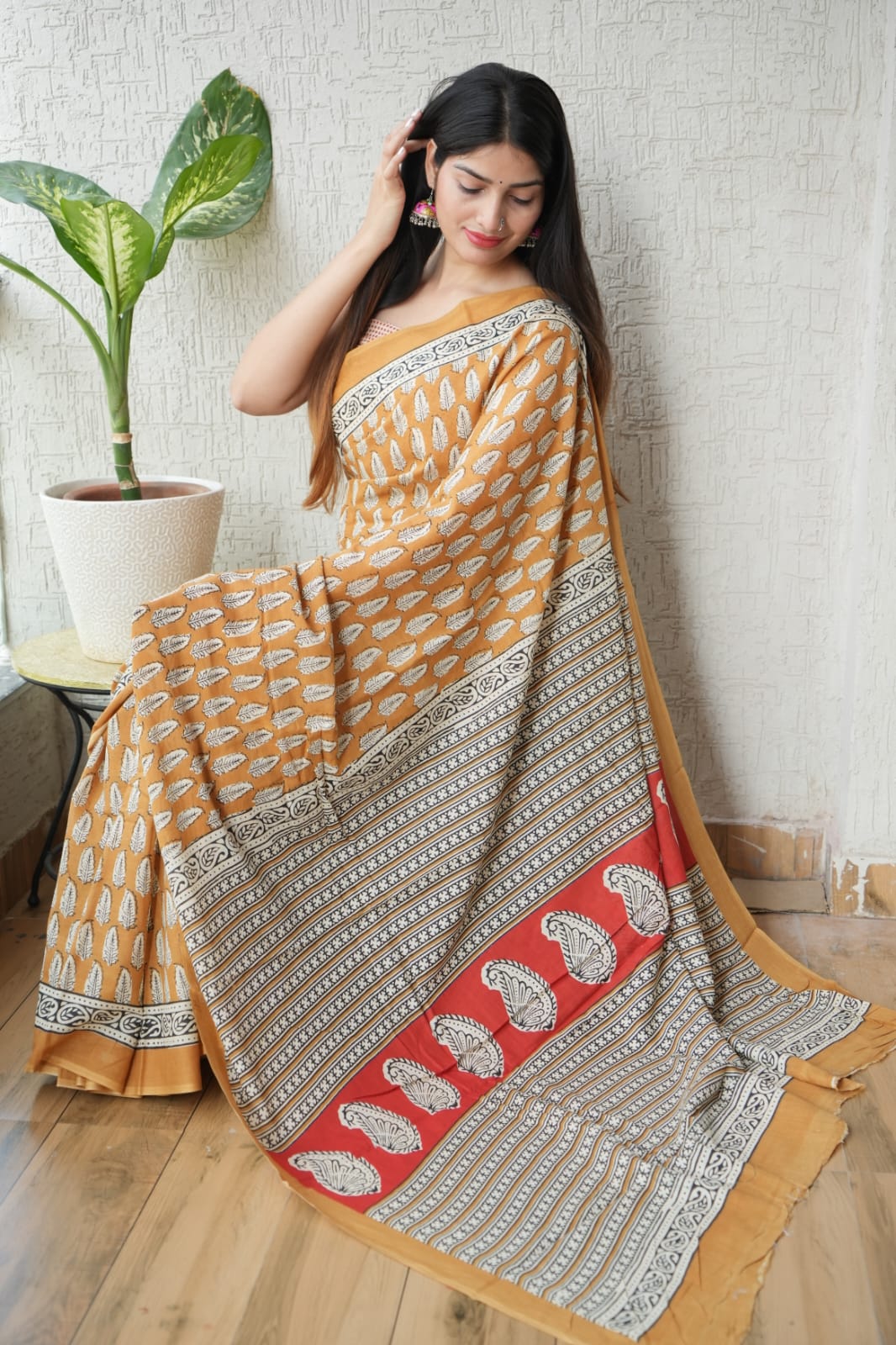 Mustard Yellow Printed Cotton Saree – Soft Cotton Saree for Women (BFCS10) - Image 2