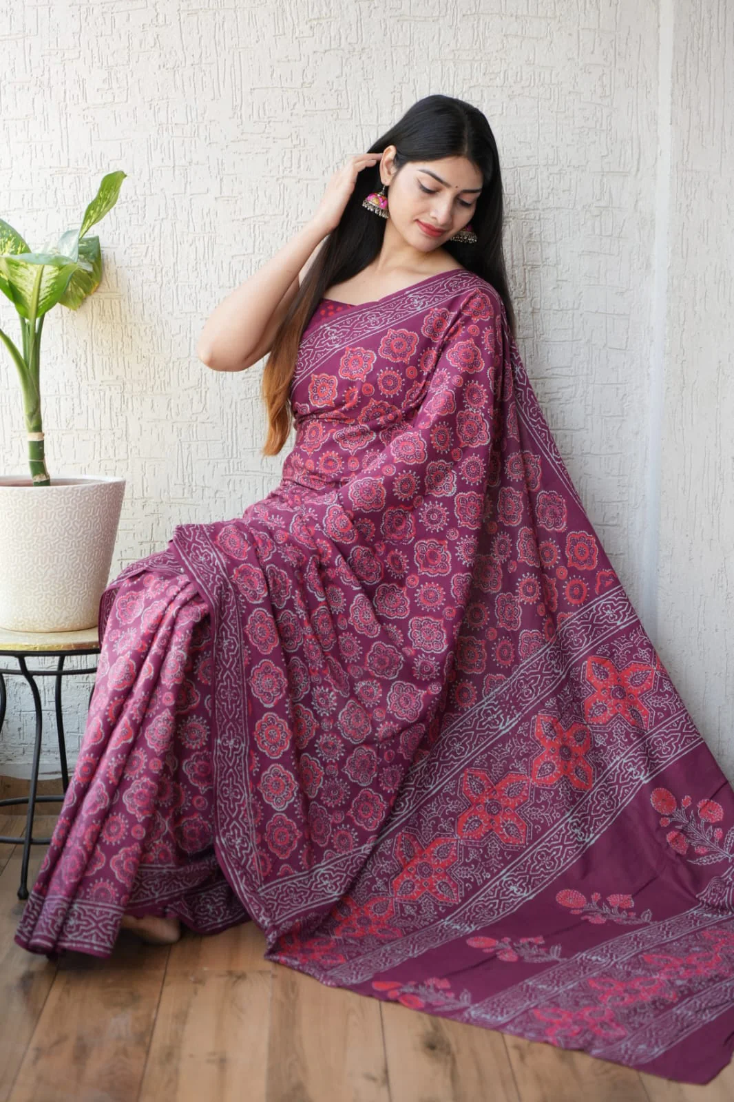 Wine Printed Cotton Saree โ Soft Cotton Saree for Women (BFCS26) - Image 2