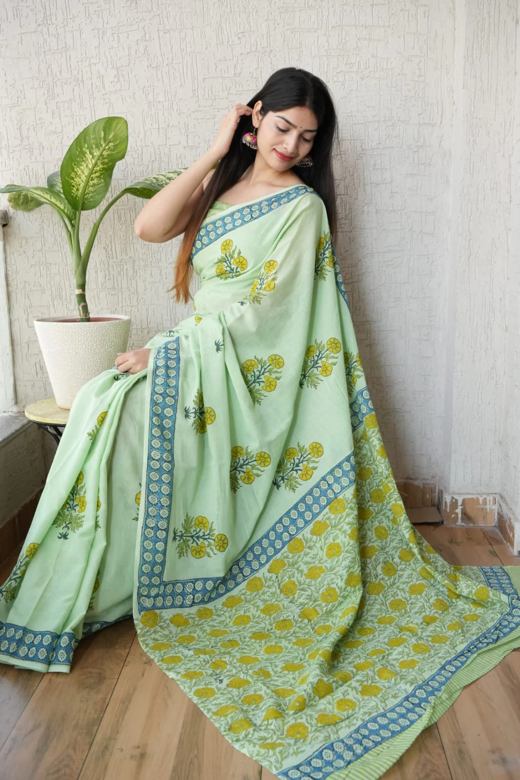 Light Green Floral Printed Cotton Saree – Soft Cotton Saree for Women(BFCS12) - Image 2