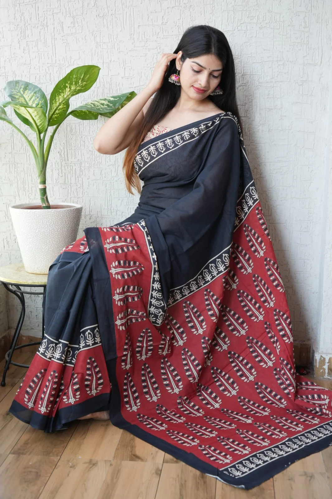 Black Red Printed Cotton Saree – Soft Cotton Saree for Women (BFCS16) - Image 2