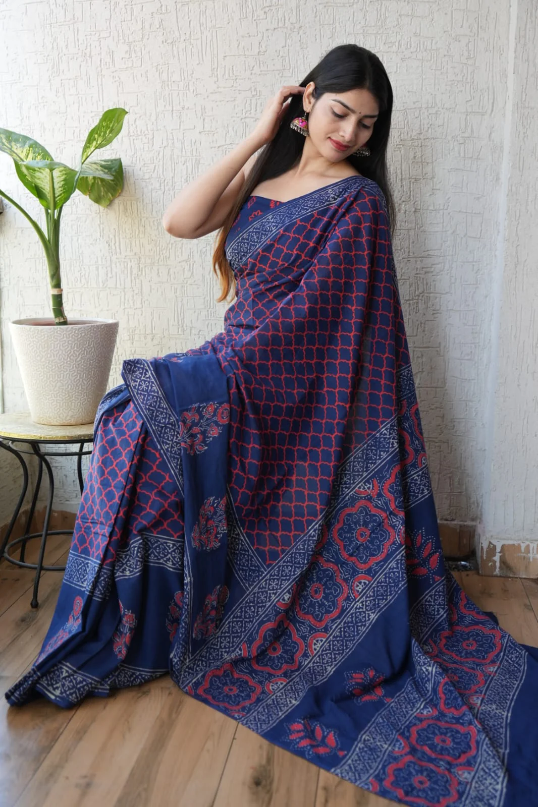 Navy Blue Printed Cotton Saree – Soft Cotton Saree for Women (BFCS13) - Image 2