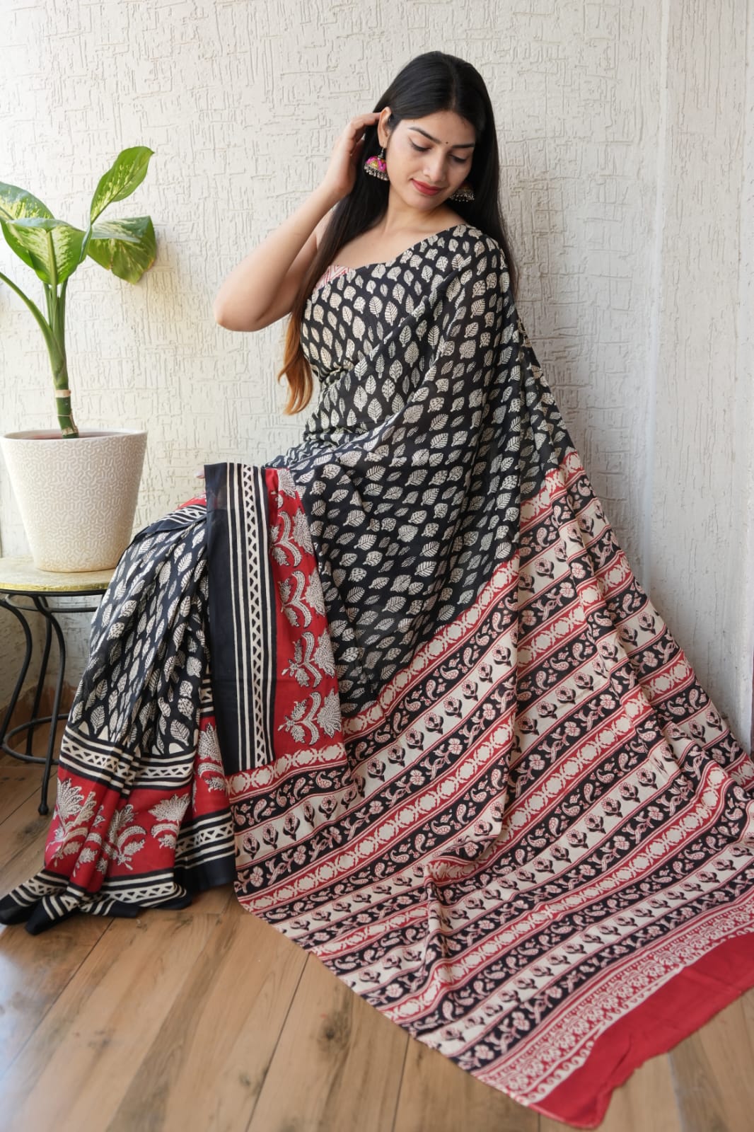 Black Red Designer Cotton Saree – Soft Cotton Saree for Women  (BFCS53) - Image 2