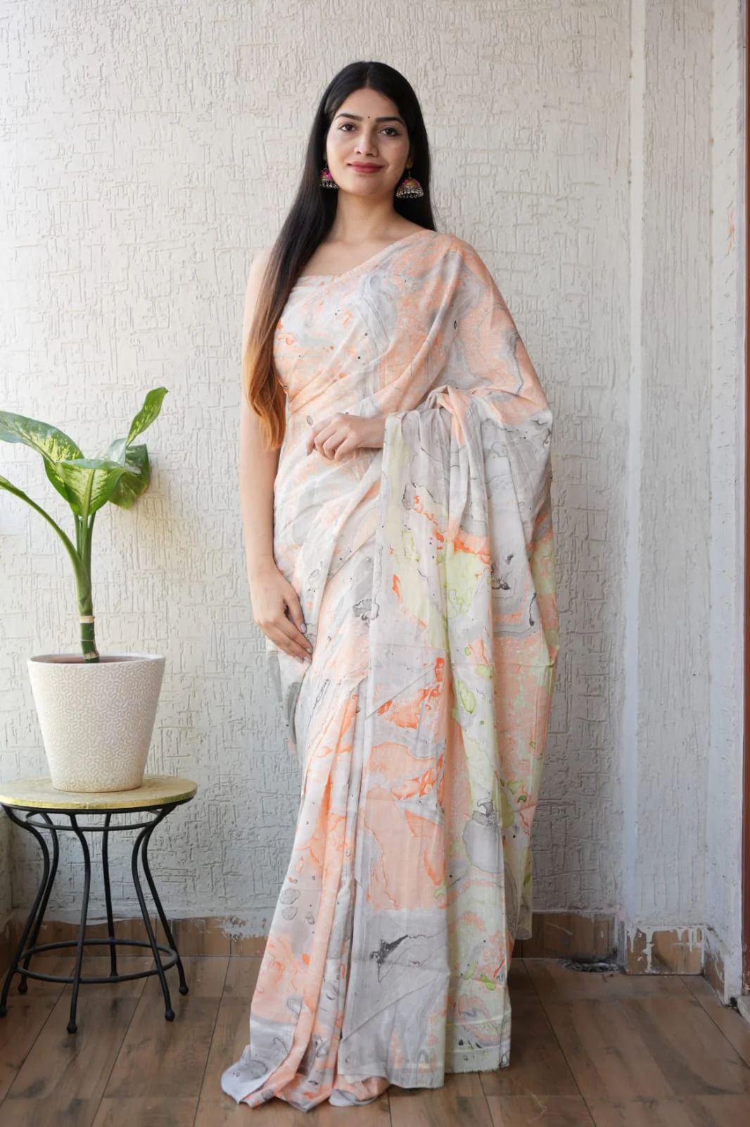 Pastel Marble Printed Cotton Saree – Soft Cotton Saree for Women (BFCS25)
