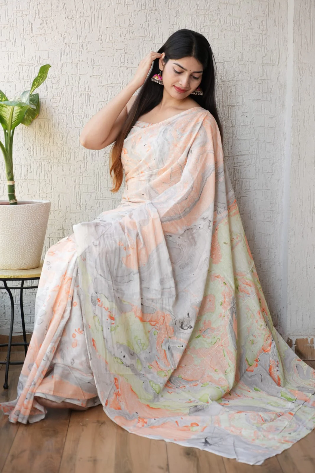 Pastel Marble Printed Cotton Saree – Soft Cotton Saree for Women (BFCS25) - Image 2