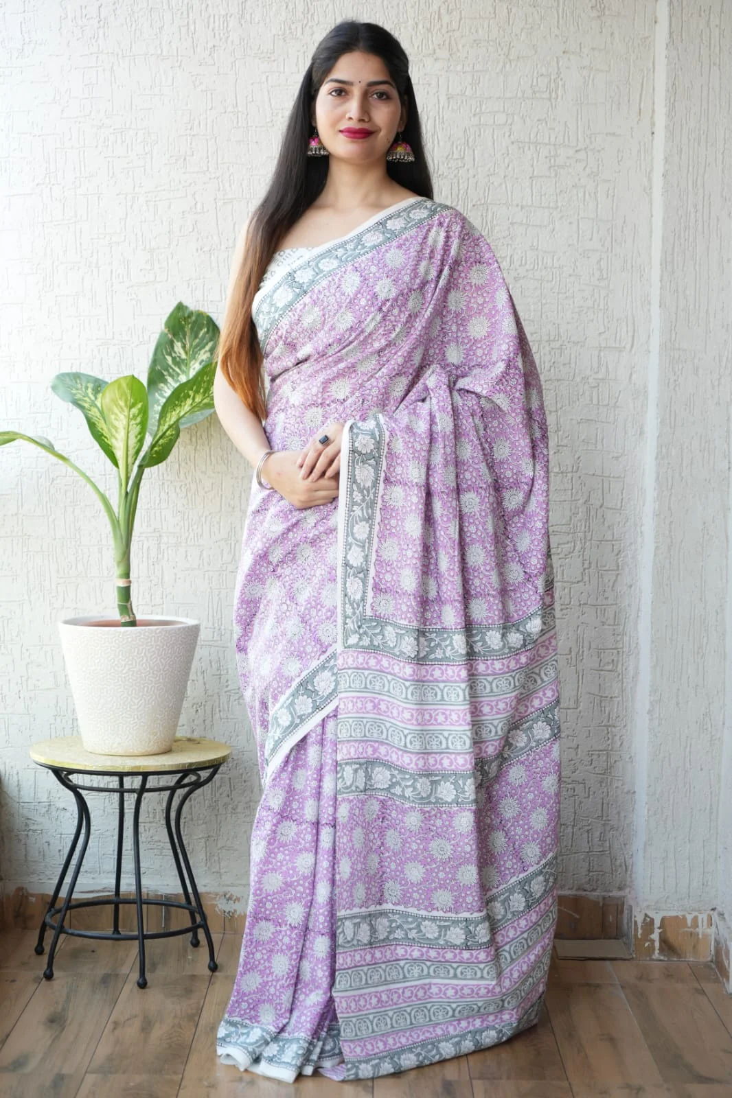 Lavender Printed Cotton Saree – Soft Cotton Saree for Women (BFCS46)