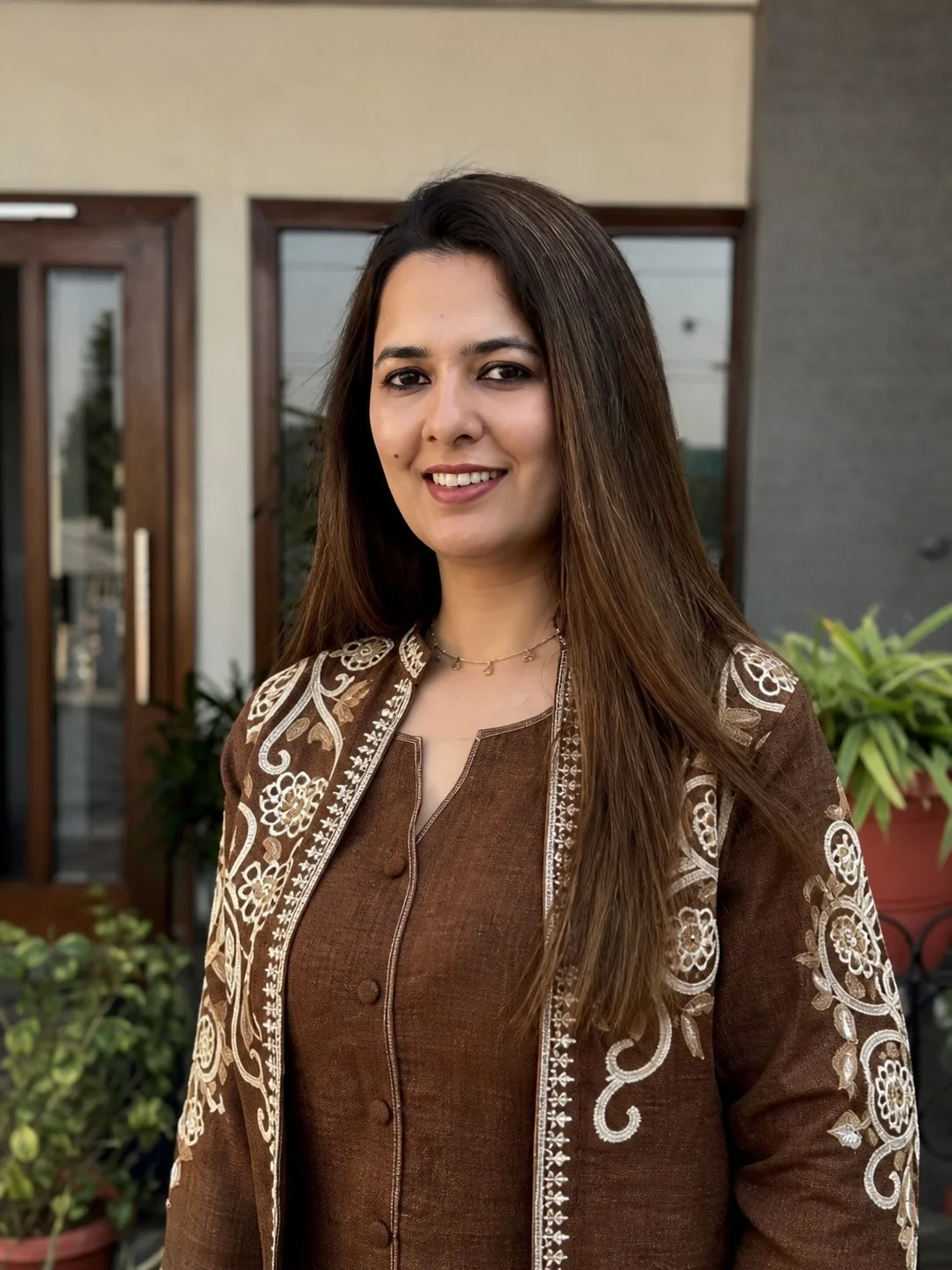 Brown Cotton Flex 3-Piece Embroidered Jacket Set - Image 2