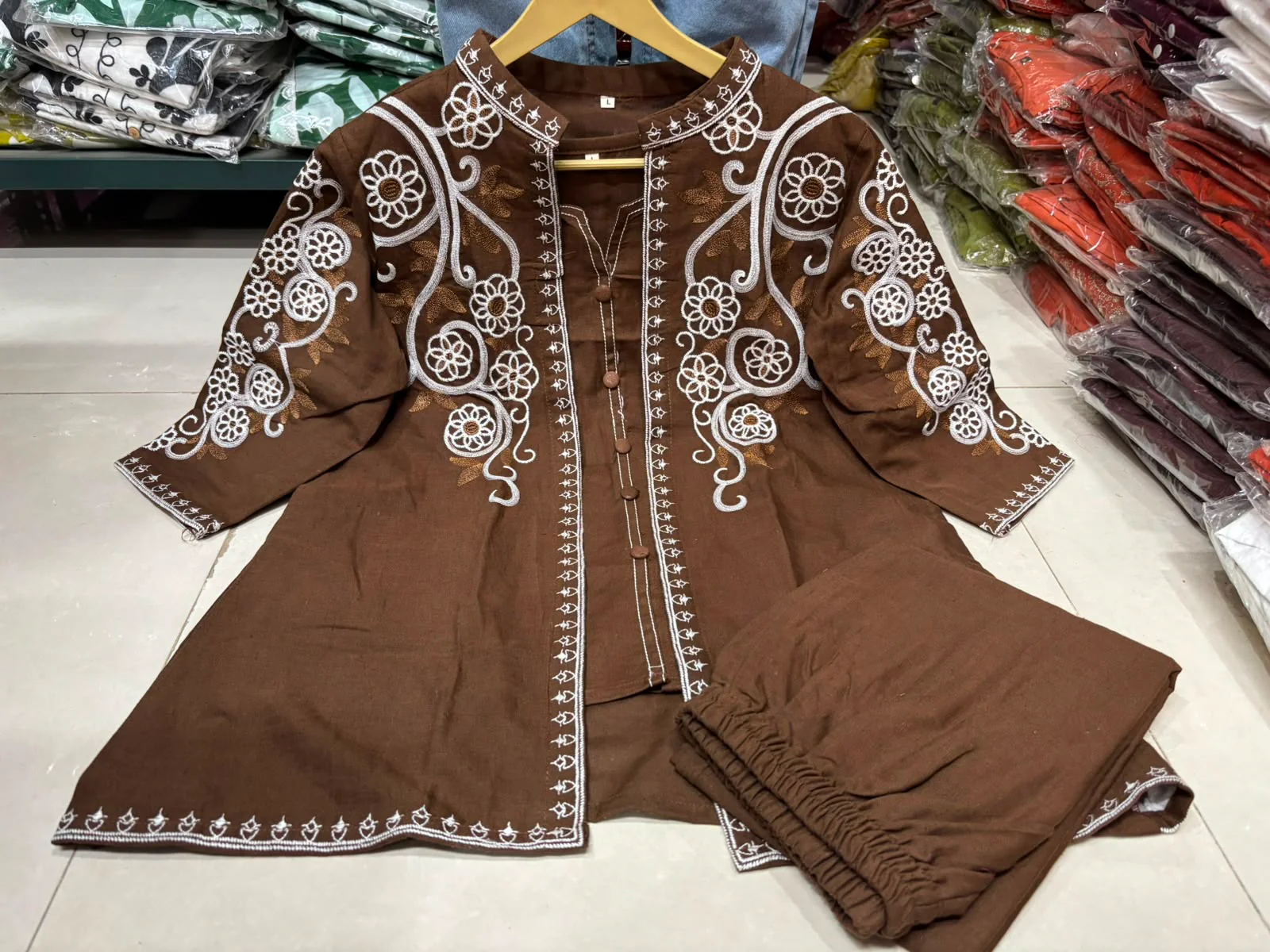 Brown Cotton Flex 3-Piece Embroidered Jacket Set - Image 3