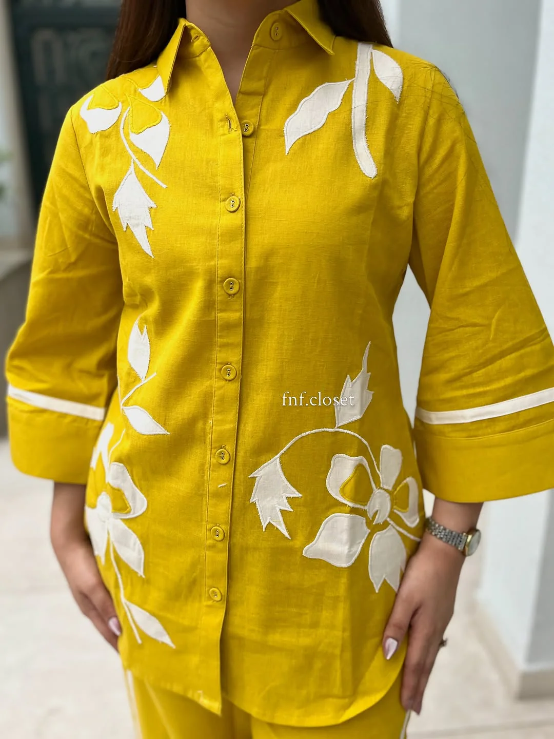 Mustard Yellow White Applique Floral Cotton Slub Shirt Pant Co-ord Set - Image 2