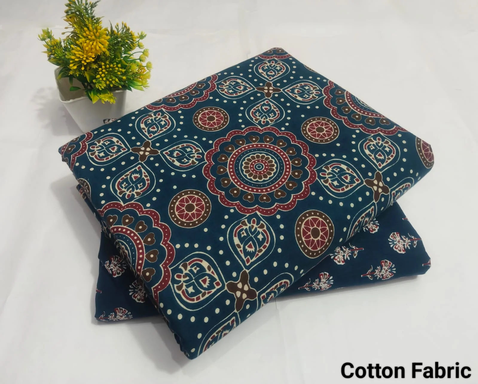 Dark Teal Ajrakh Printed Cotton Fabric (BFTB112)