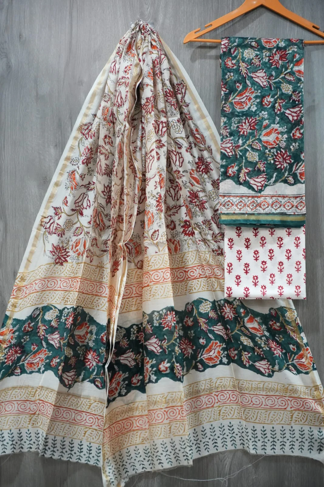 Teal Green & Rust Orange Tulip Floral Hand Block Print Chanderi Silk Dress Material (BFCHS49)