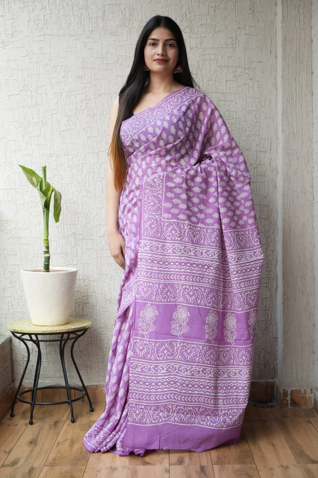 Lavender Purple Hand Block Printed Cotton Saree with Blouse  (BFCS70)