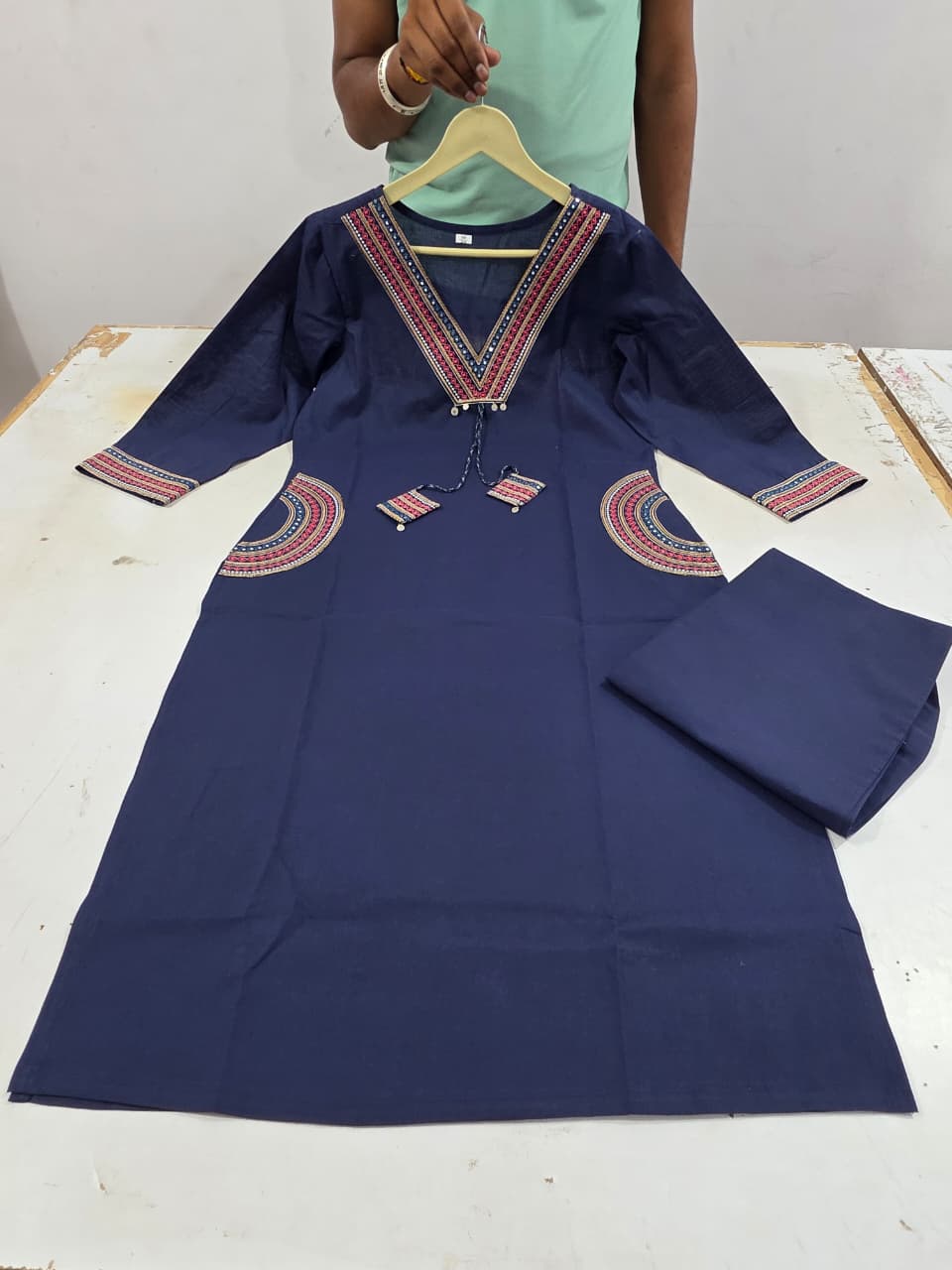 Navy Blue Hand Work Cotton Kurta Pant Set | Ethnic Neck Embroidery - Image 2