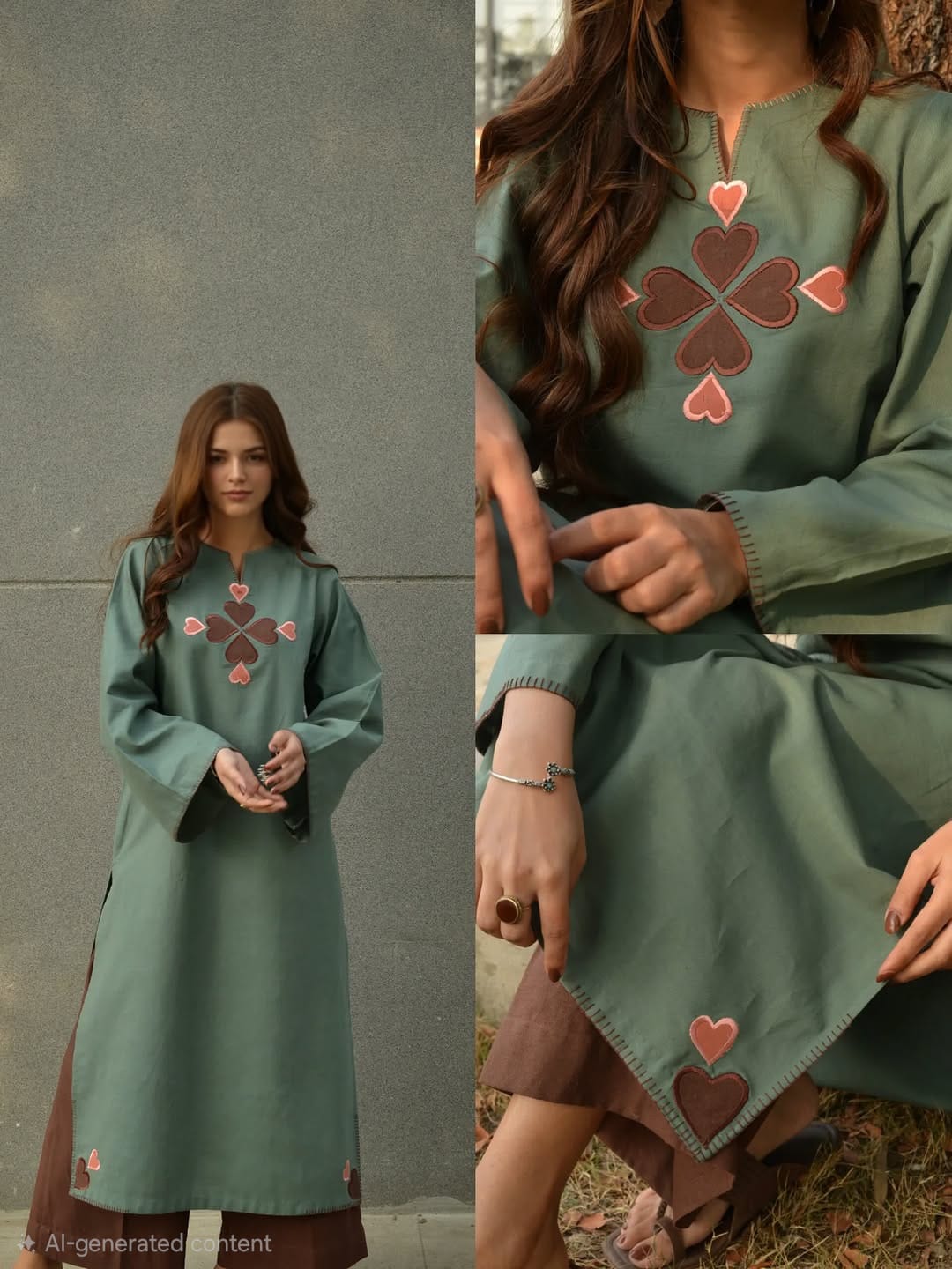 Olive Green Cotton Kurti Pant Set with Heart Embroidery for Women - Image 2