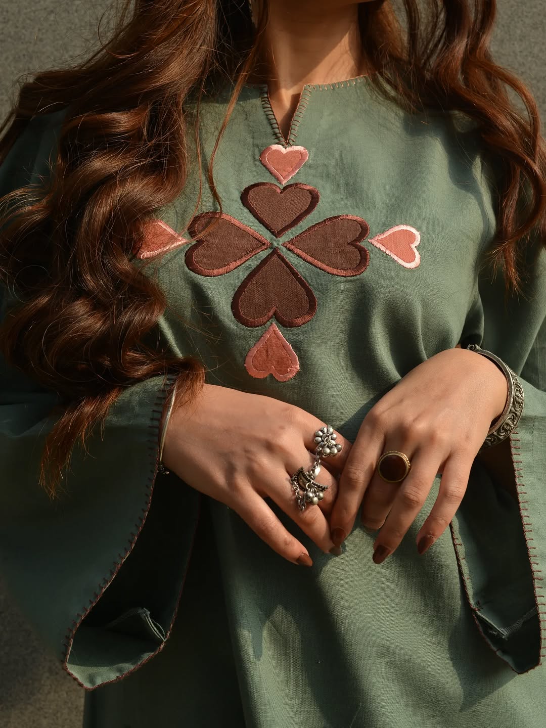 Olive Green Cotton Kurti Pant Set with Heart Embroidery for Women - Image 3